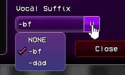 Image showing the strumline properties screen setting the vocal suffix to -bf